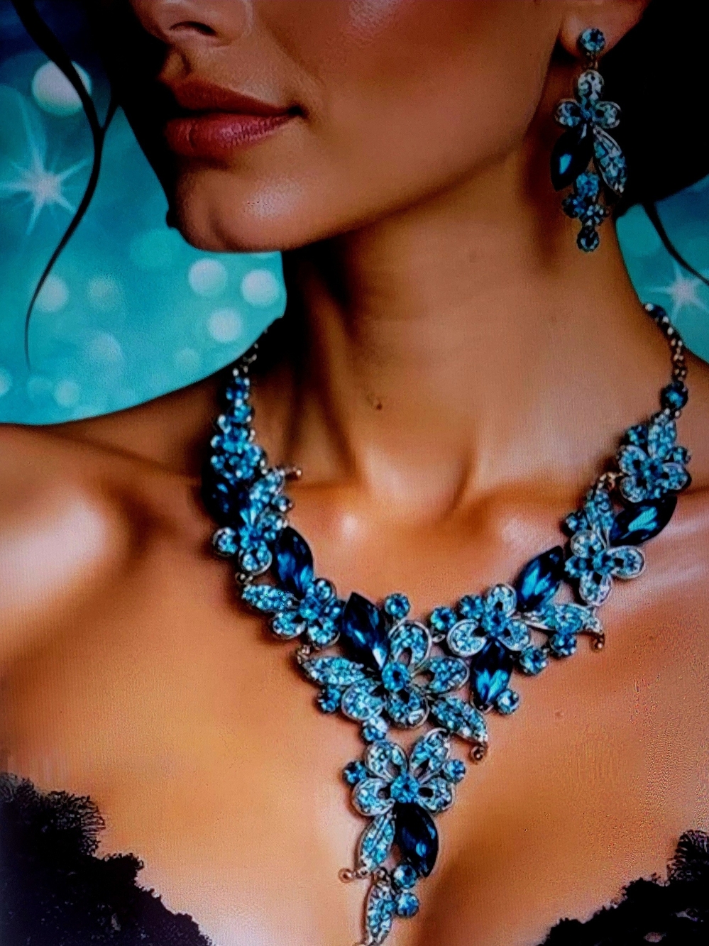 Elegant Blue Crystal Floral Statement Necklace and Earring Set